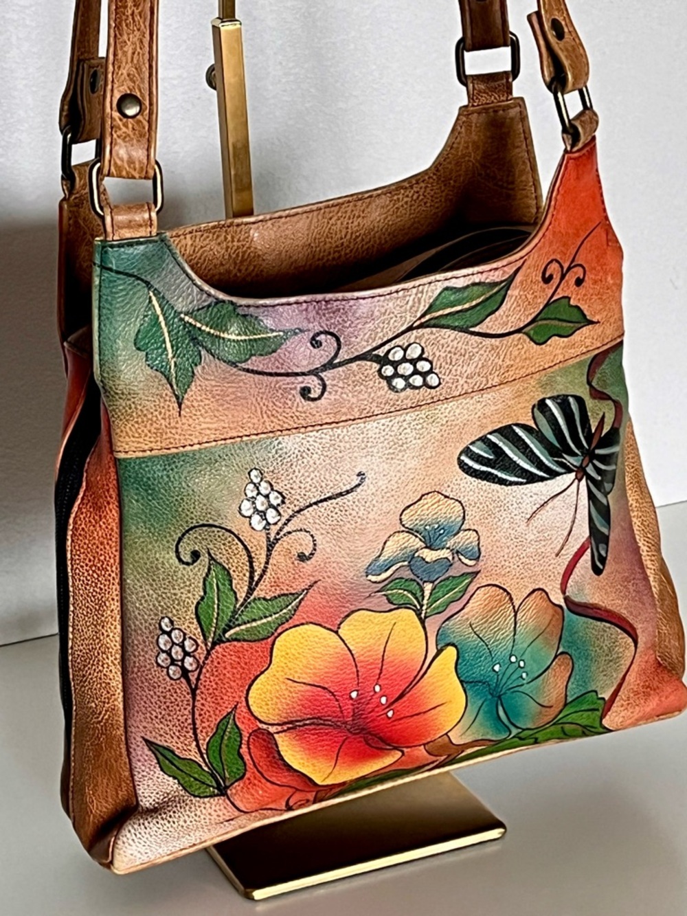 Anuschka Wild Flower Hand Painted Triple Compartment Satchel Bag Leather EUC
